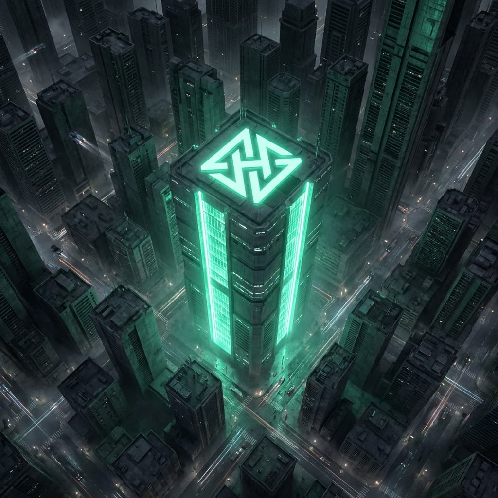 Aerial View of AI Business with Glowing Logo